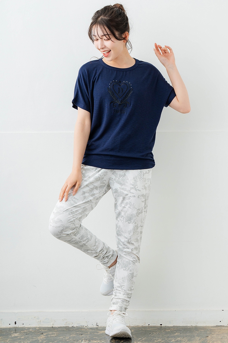 刺繍モチーフリヨセルTシャツ ネイビ 　5634-1629