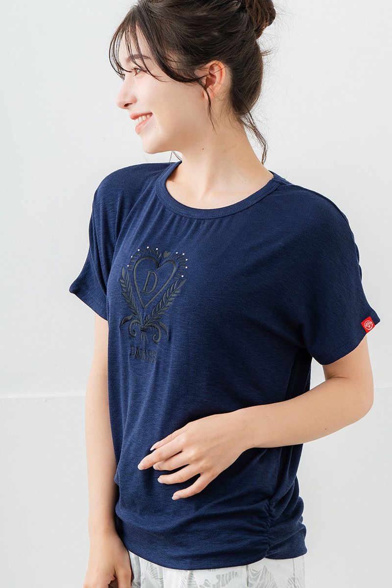 刺繍モチーフリヨセルTシャツ ネイビ 　5634-1629