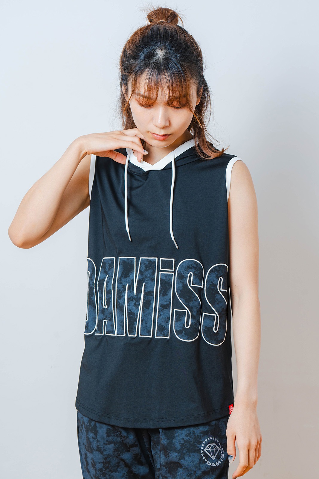 パッチワークフード タンクトップ ブラック 1533-1453