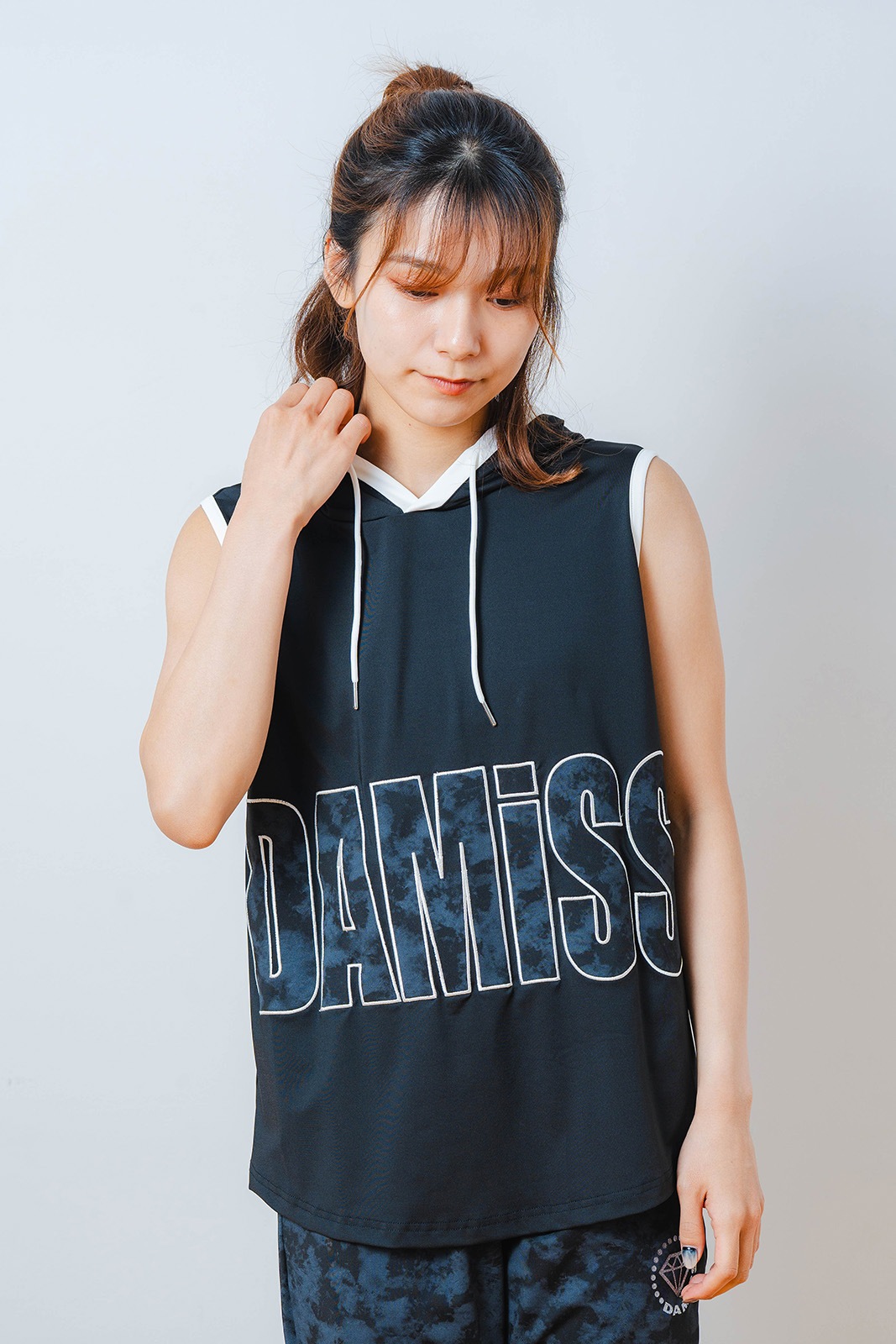 パッチワークフード タンクトップ ブラック 1533-1453