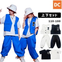 キッズダンス スーツ衣装 ダボダボ 3点セット ユニセックス  セットアップ ホワイト ブラック ブルー HIPHOPダンス ヒップホップ衣装 ワンポイント【dc-336】