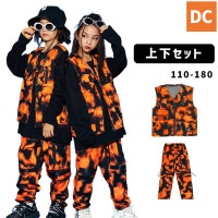 ダンス衣装 ユニセックス 鮮やかな迷彩 オレンジ  大きめ ユニセックスデザイン ベスト ロングパンツ タイダイ柄【dc-60】