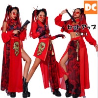 大人衣装 刺繍デザイン 龍 レディース レッド 赤 イベント衣装 セットアップ 和柄チャイナ 和風 【ad-24】