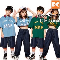 キッズダンス衣装 男女MIX　へそ出し　半袖　長ズボン　半ズボン　短パン デニムパンツ　ブルー　グリーン HIPHOP 110〜180 【dc-538】