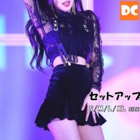 大人衣装　レディース K-POP イベント衣装 ダンス衣装　モノトーン ブラック 黒 スカート セットアップ　レース　オールブラック　韓国　ワンポイント【ad-67】