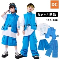 HIPHOP衣装　キッズダンス衣装  ユニセックス  ブルー 半袖 Tシャツ ベスト ダボダボ ロングパンツ カーゴパンツ ハーフパンツ【dc-1279】