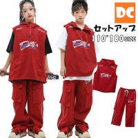 HIPHOP衣装  キッズダンス　ユニセックス　レッド　ブラック　ホワイト ベスト　半袖　Tシャツ カラーパンツ  110～180【dc-1545】