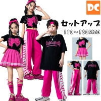 男女MIX HIPHOP衣装　ピンク ブラック 半袖Tシャツ へそ出し スカート リボン  ロングパンツ キッズダンス 110〜180【dc-1579】