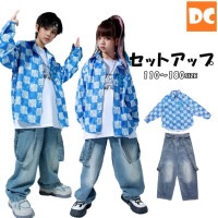 HIPHOP衣装  ユニセックス キッズダンス　ブルー デニム ダボダボ　長袖シャツ 前開きシャツ 110〜180【dc-1585】