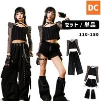 ラメ　ブラック　パワーショルダー　ロングパンツ　ショートパンツ　スタッズ　へそ出し　クロス　kpop　110-180【dc-1897】