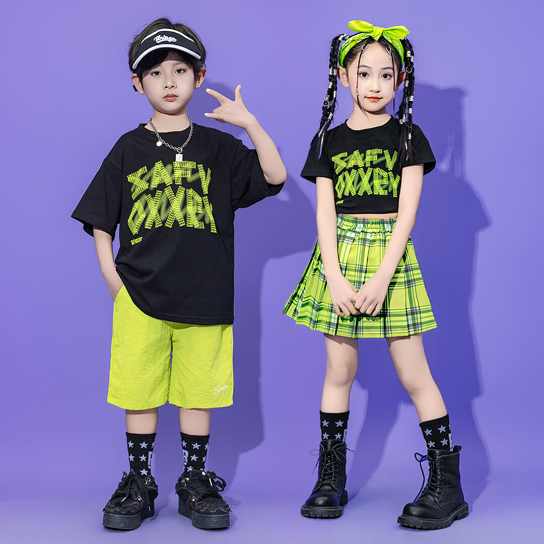 【期間限定SALE】10/19 12時まで！ブラック グリーン 半袖 チェック柄 ハーフパンツ スカート プリーツスカート Tシャツ へそ出し 男女MIX【dc-2134】