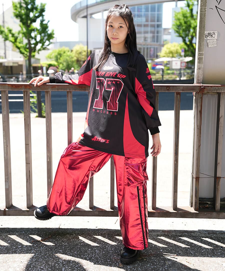 【スタイリッシュ】新品社交ダンス　赤黒プリントチュニックｒ391 DANCECROSS / ダンス衣装専門店ダンスクロス