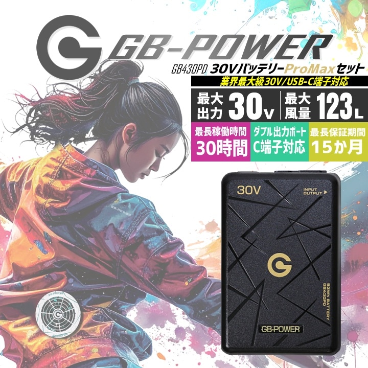 【即日発送】長信ジャパン 30V専用 バッテリーセット USB-C対応 空調服用 GB-POWER GB430PD バッテリー PROMAX バッテリー リサイクル可 リチウム電池 PC充電可能 15か月保証 ファン付きウェア対応 EFウェア 急速充電 熱中症対策