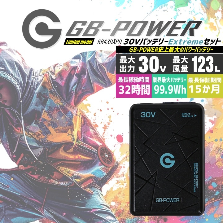 【即日発送】長信ジャパン 30V専用 バッテリーセット 空調服用 GB-POWER GB430XPD エクストリームバッテリー 数量限定 リサイクル可 リチウム電池 PC充電可能 15か月保証 ファン付きウェア対応 EFウェア 急速充電 熱中症対策