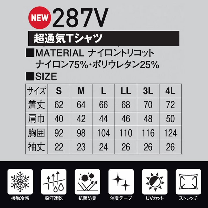 即日発送】冷感半袖Tシャツ 高通気 287V ひんやり 春夏 作業服 作業着