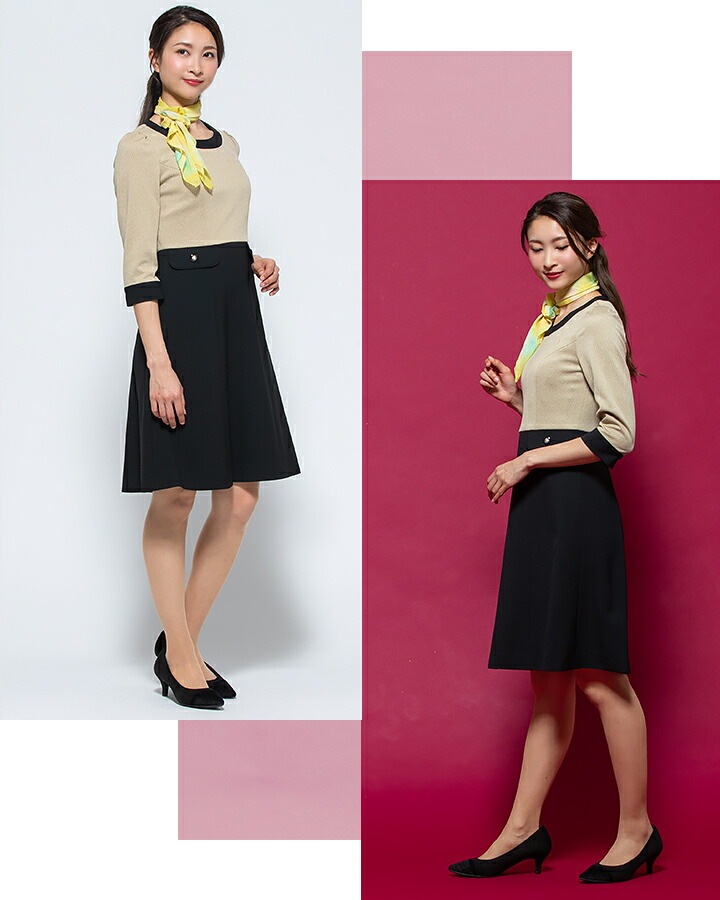 ワンピース 事務服 アンジョア enjoie 61990 受付 エステ服 制服 オフィスウェア 大さいサイズ 17号~19号