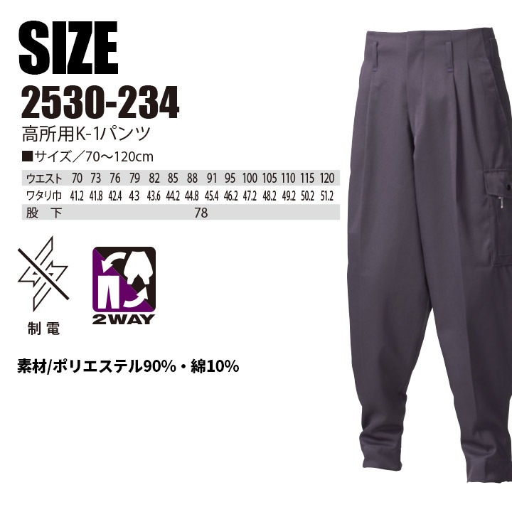 寅壱 高所用K-1パンツ 2530-234 制電 カーゴパンツ ズボン 鳶職 鳶服 作業服 作業着 とらいち トライチ TORAICHI【105-120】