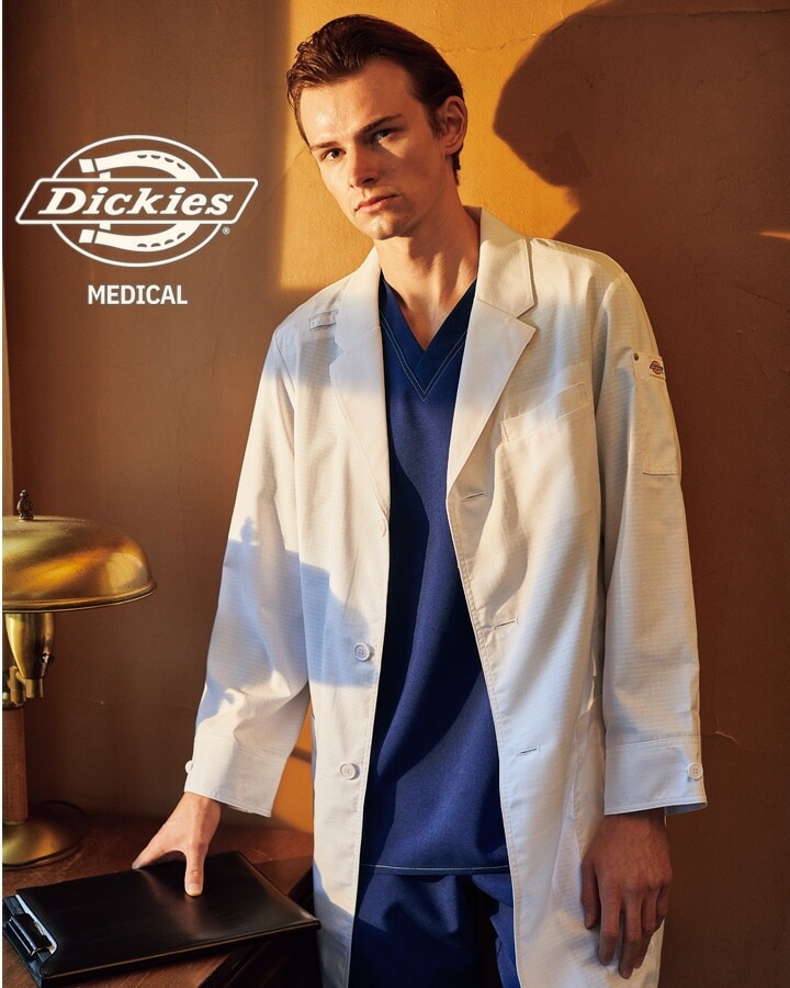 ディッキーズ ドクターコート 白衣 1537PR 長袖 男性用 医療 病院 医者 医師 歯科医 薬剤師 通気性 軽量 フォーク FOLK