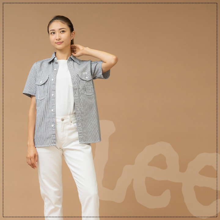 Lee 長袖シャツ ワーク半袖シャツ 作業着 ストレッチ デニム シャツ ワークウェア レディース LWS43002 レストラン 飲食店 サービス業 カフェ 制服 ユニフォーム 作業服 ボンマックス
