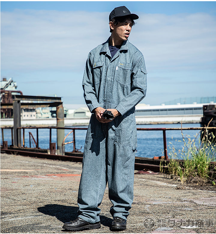 ヒッコリーつなぎ 綿100 Ge 105 つなぎ ヒッコリーストライプ つなぎ おしゃれ ツナギ ヒッコリー ツナギ 作業服 つなぎ 激安 つなぎ カジュアル 作業着 4l 5l 公式 だるま商店本店