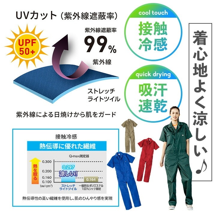 ディッキーズ 半袖ツナギ D-6702 軽量 接触冷感 吸汗速乾 UVカット 春