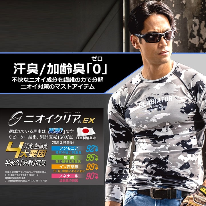 【即日発送】インナーシャツ 消臭 接触冷感 吸汗速乾 UVカット ローネック 長袖 グラディエーター G-2038 ニオイクリアEX 春夏 秋冬 オールシーズン コンプレッション メンズ レディース 作業着 作業服 コーコス CO-COS【送料無料】