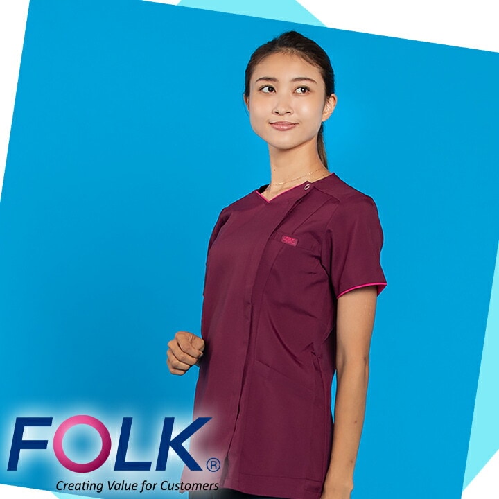 フォーク) スクラブ・白衣 7023SC レディース ピンク×バーガンディ LL