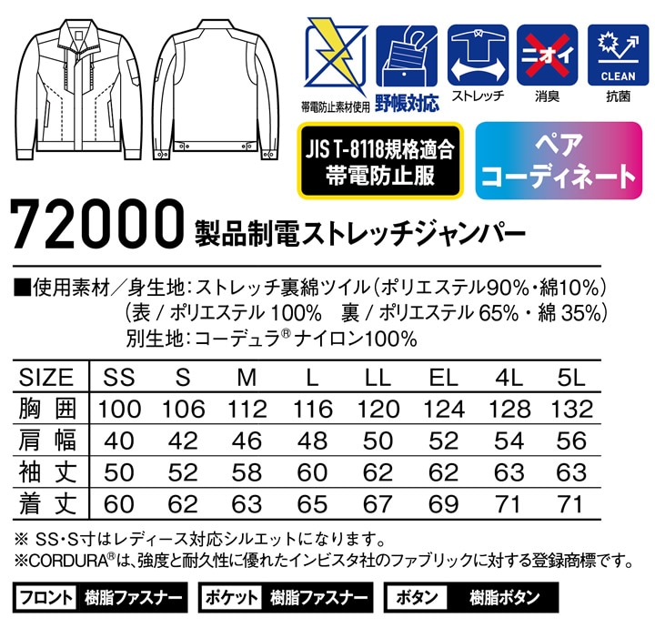 作業着 長袖ジャンバー ハーネス 製品制電ストレッチジャンパー Z-DRAGON 72000 秋冬 ハーネス対応 男女兼用 レディース メンズ 消臭 抗菌 帯電防止 作業服 作業着 自重堂【4L-5L】