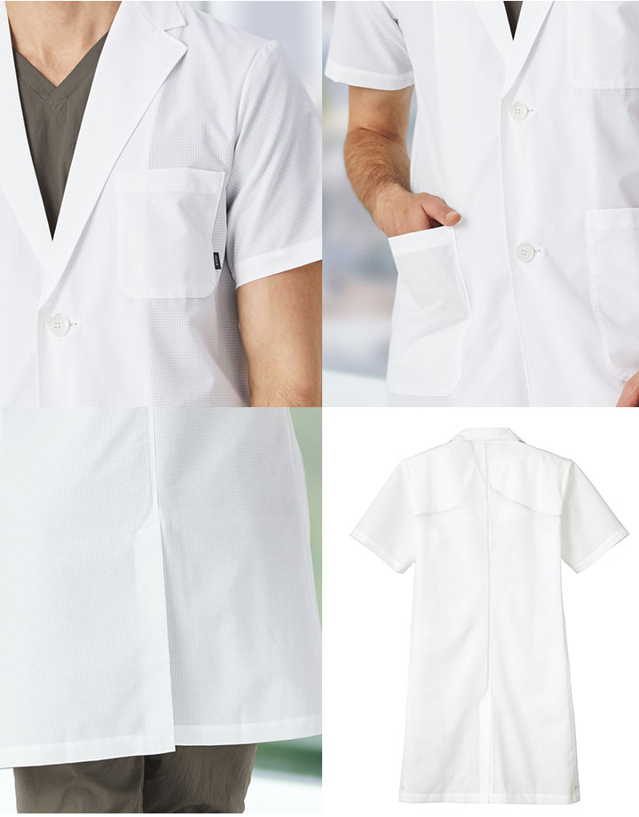 白衣 ドクターコート FOLK メンズコート 半袖 男性用 医療 医師 薬剤師 制電 通気性 ストレッチ 1542PH 男性ハーフコート シングルコート スタイリッシュコート 軽量 涼しい