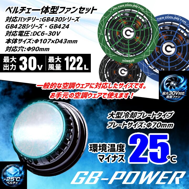 【即日発送】長信ジャパン 冷却ペルチェファン 一体型 （30V専用 ペルチェファン1セット＆バッテリー1セット）GP980 GB430 GB-POWER 15か月保証付き ハイバックウエアとご利用ください 冷却プレート 熱中症対策 春夏 空調作業服 作業着 ファン付きウェア対応