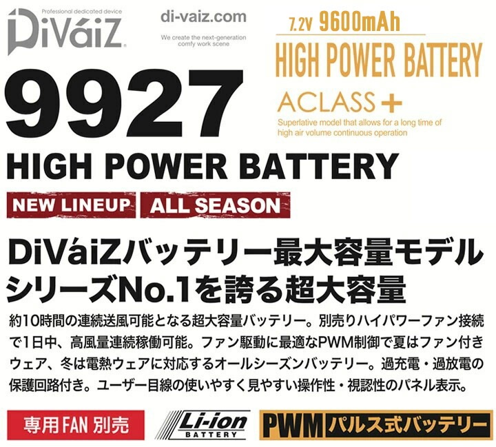 【空調服】中国産業 DiVaiZ ファン 9922 バッテリー 9927 セット 空調作業服 長袖ジャケット WZ HOP SCOT 9149 ファン＆バッテリー