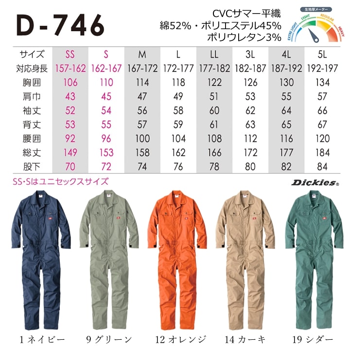 ディッキーズ 長袖つなぎ ストレッチ D-746 オールシーズン 作業服 作業着 Dickies