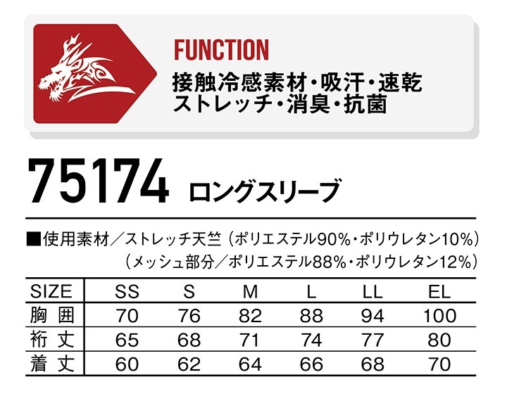 【即日発送】長袖インナーシャツ 夏用 Z-DRAGON 75174 接触冷感 ストレッチ メンズ 消臭 抗菌 脇メッシュ コンプレッション 吸汗速乾 迷彩柄 カモフラ インナーウェア アンダーシャツ【春夏】スポーツ 作業服 作業着 自重堂【メール便送料無料】