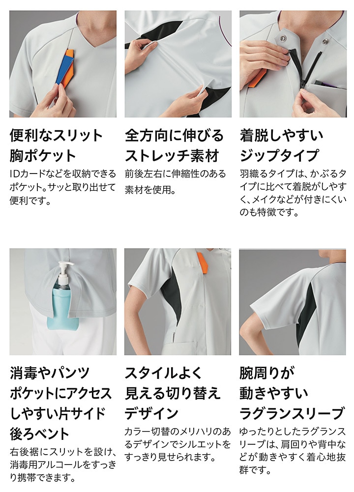 スクラブ ジップスクラブ フォーク 7094SC 半袖 女性用 レディース ストレッチ 医療 医師 薬剤師 医療用 白衣 看護師 介護 病院 ナース FOLK 透け防止 紫外線防止 動きやすい ネイビー【送料無料】