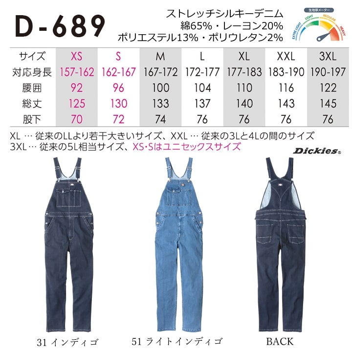 ディッキーズ オーバーオール ストレッチデニム サロペット D-689 作業服 作業着 Dickies オーバーオール 超ストレッチ シルキー加工 おしゃれ メンズ レディース アウトドア カジュアル 農作業 農業 酪農 整備 工場 ガーデニング