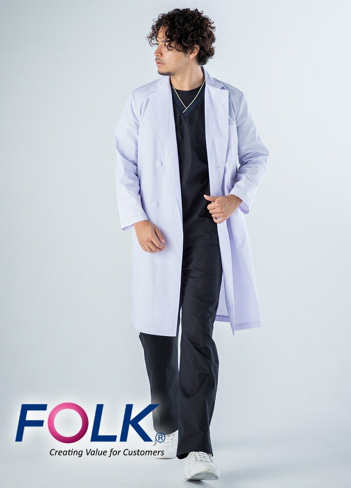 フォーク 診療衣 医療 白衣 コート ドクターコート FOLK 1531po 男性用 医療 医師 薬剤師 通気性 軽量 男性 ダブルコート スタイリッシュコート メンズコート 長袖コート