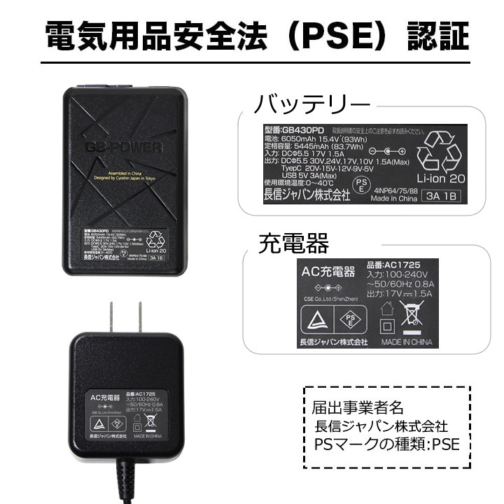 【即日発送】長信ジャパン 30V専用 バッテリーセット USB-C対応 空調服用 GB-POWER GB430PD バッテリー PROMAX バッテリー リサイクル可 リチウム電池 PC充電可能 15か月保証 ファン付きウェア対応 EFウェア 急速充電 熱中症対策