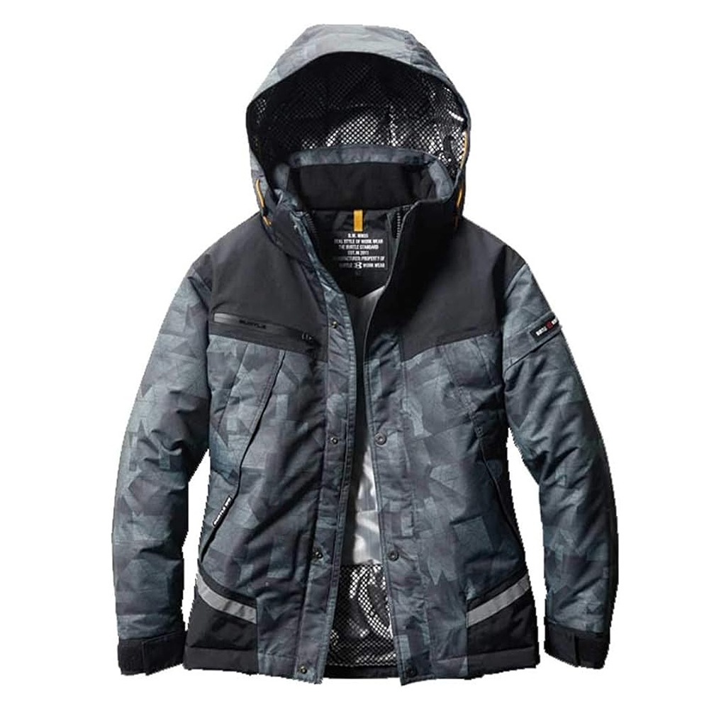 MARK & LONA スカル総柄 防寒・防水フード収納 アウタージャケット バートル 防水防寒ジャケット 大型フード付き 7610 男女兼用 撥水 防汚