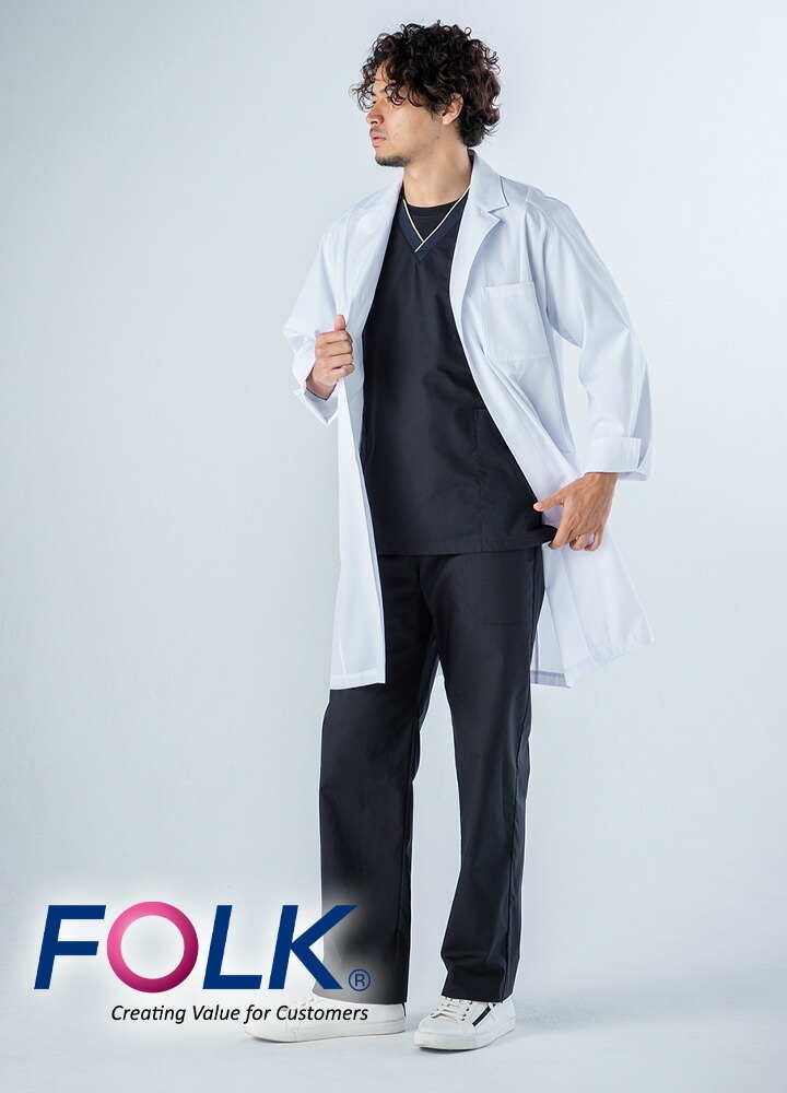 白衣 コート ドクターコートFOLK メンズコート 長袖コート 男性用 医療 医師 薬剤師 通気性 軽量 1520 男性ハーフコート シングルコート スタイリッシュコート