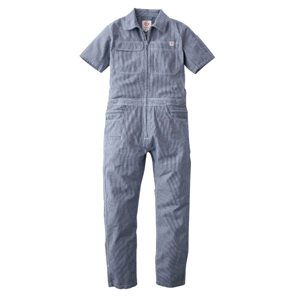 半袖つなぎ レディース 綿麻ストライプフェミニンツナギ グレース