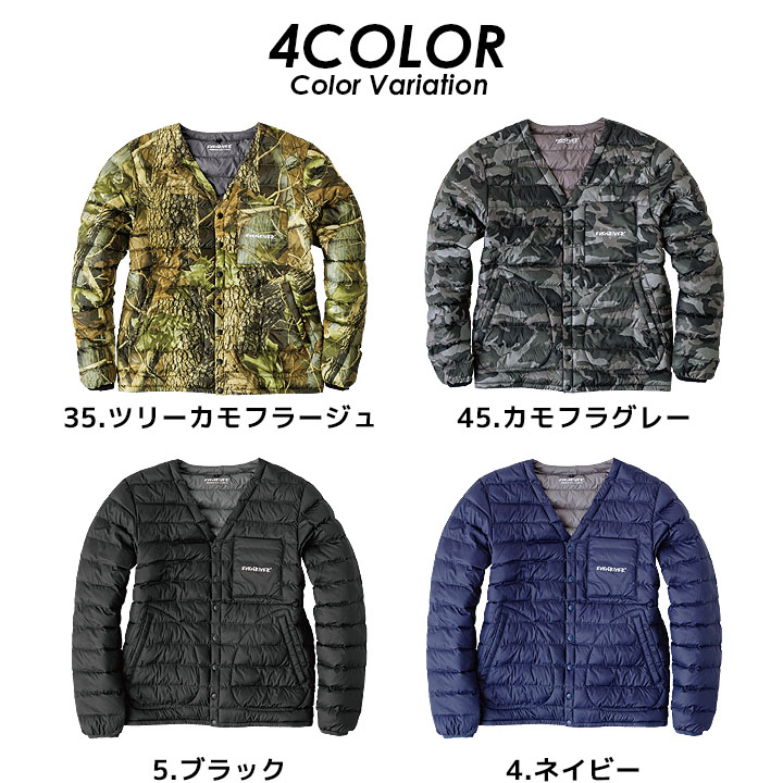 イーブンリバー 防寒インナーダウンジャケット 作業服 EVENRIVER ファイバーダウンジャケット インナー Vネック 長袖 R127 防寒ジャケット 中綿 保温 軽量 ダウン バイク 自転車 作業着 ワークウェア ジャケット アウター