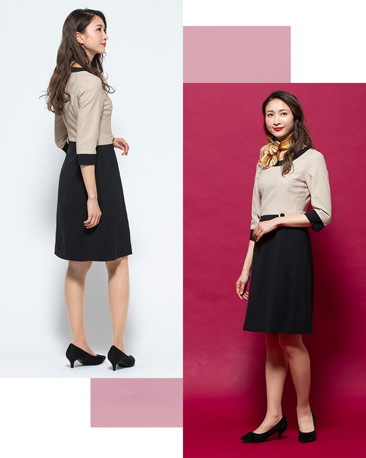 ワンピース 事務服 アンジョア enjoie 61520 半袖 透け防止 女性用 レディース 受付 エステ服 制服 オフィスウェア 大さいサイズ 17号～23号