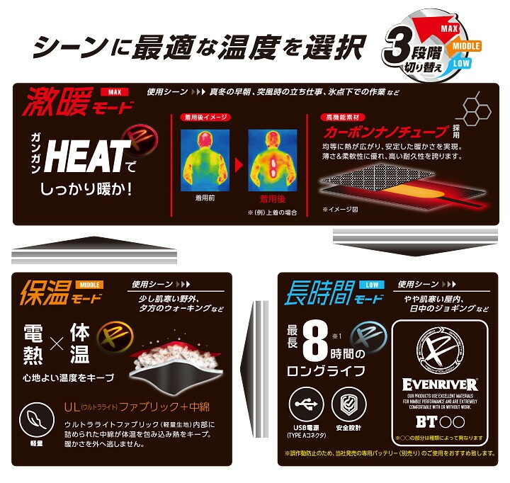 イーブンリバー 電熱ベスト 防寒ベスト エレクサーモ レディース ヒートベスト バッテリーセット R-305L BT100 ヒーターベスト 保温 防寒服 防寒着 作業着 作業服 女性用 EVENRIVER