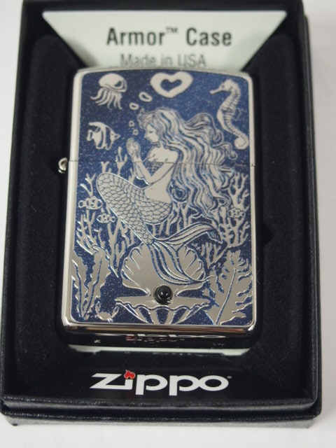 ジッポーライター： Zippo アーマー Mermaid 【 マーメイド 】 人魚 オニキス 《天然石》 //エッチング彫刻＆プリント//  ホワイトニッケル＆ブルー armor ☆レギュラー☆ ♪綺麗!!♪【ギフト包装】 【ジッポ】 【ジッポー】 【ライター】 【ダルマヤ】-だるまや