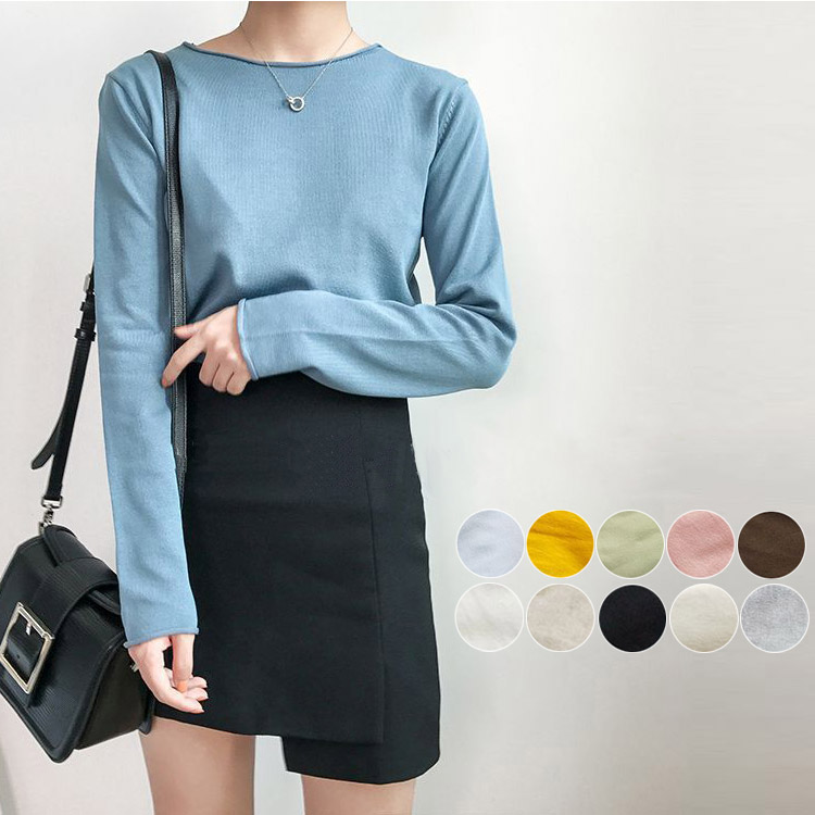 ヘムロールデザイン カラーニット トップス