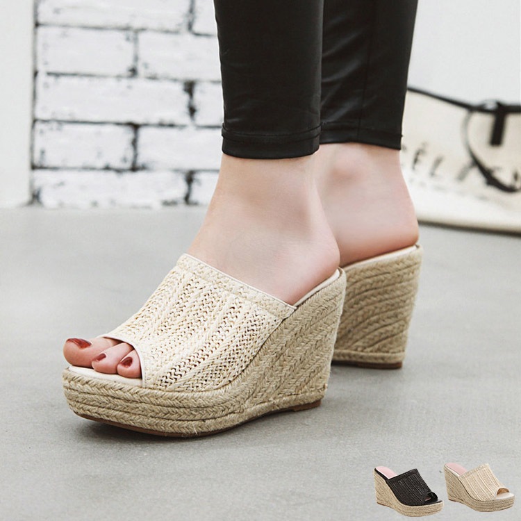 編みデザイン オープントゥ ウェッジサンダル