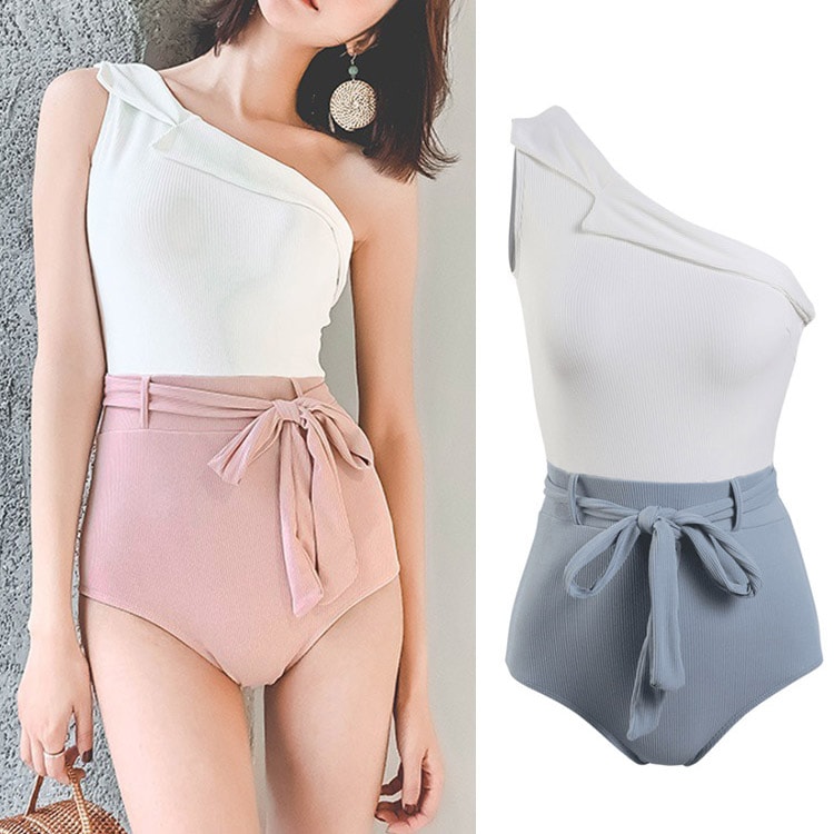 韓国 ウエストリボン バイカラー ワンピース 水着