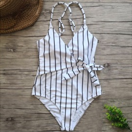 カシュクールデザイン ストライプ ワンピースタイプ水着