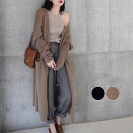 リブ袖 ロング ニットカーディガン