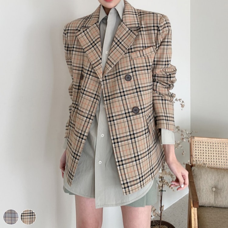 レトロデザイン ダブルボタン チェックジャケット
